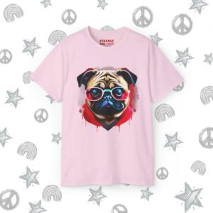 Graphic tee with judgy pug design close-up Strange and Cozy Nonchalant Pug graphic t-shirt