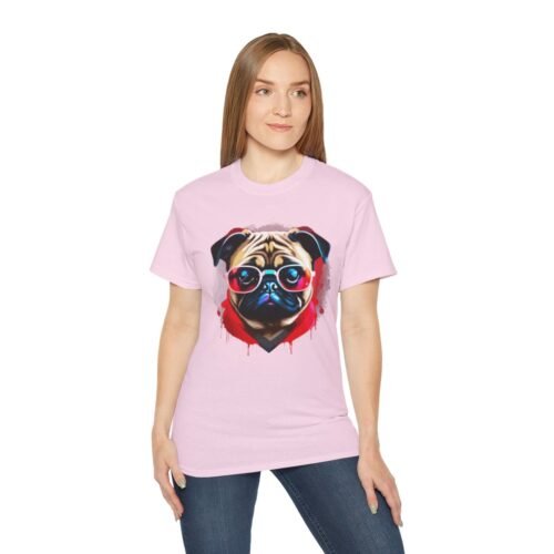 Model wearing Nonchalant Pug graphic t-shirt