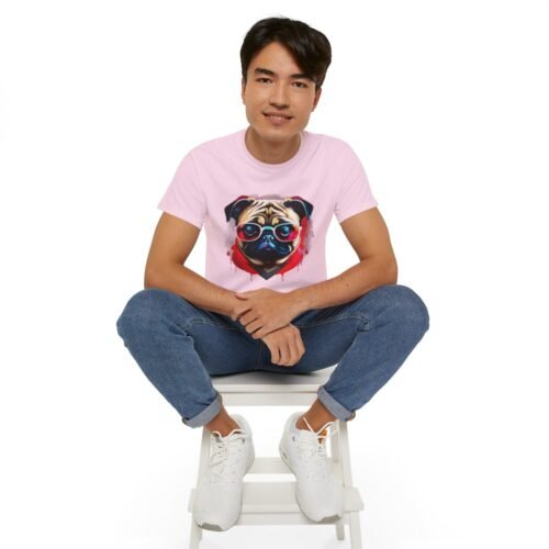 Model wearing Nonchalant Pug graphic t-shirt