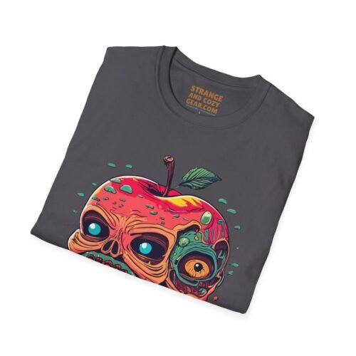 Close-up of Zombie Apple Core design on t-shirt